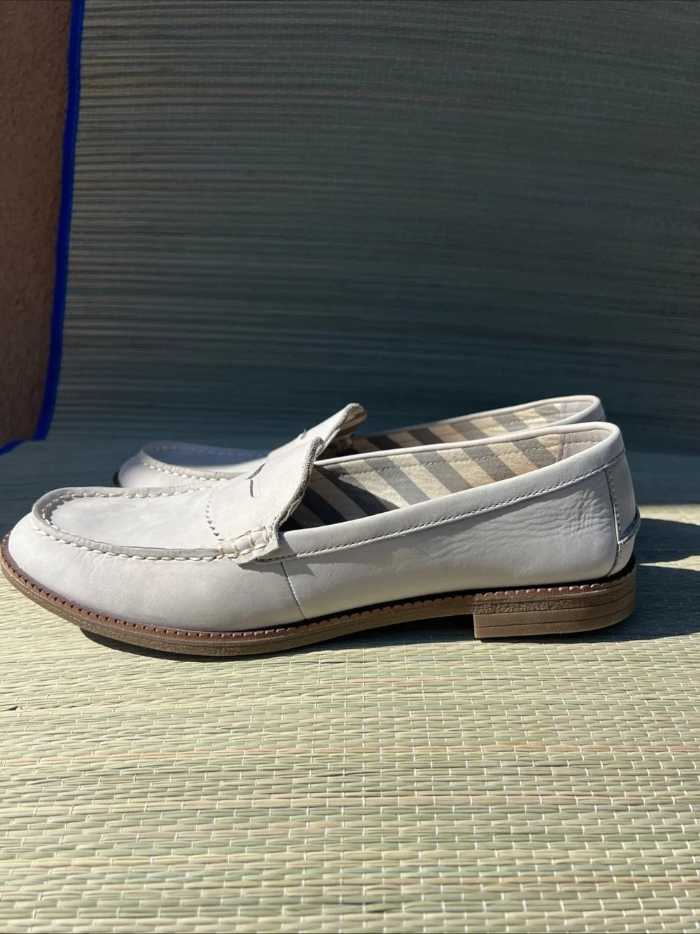 Sperry Light Gray Suede Penny Loafers with Brown Sole